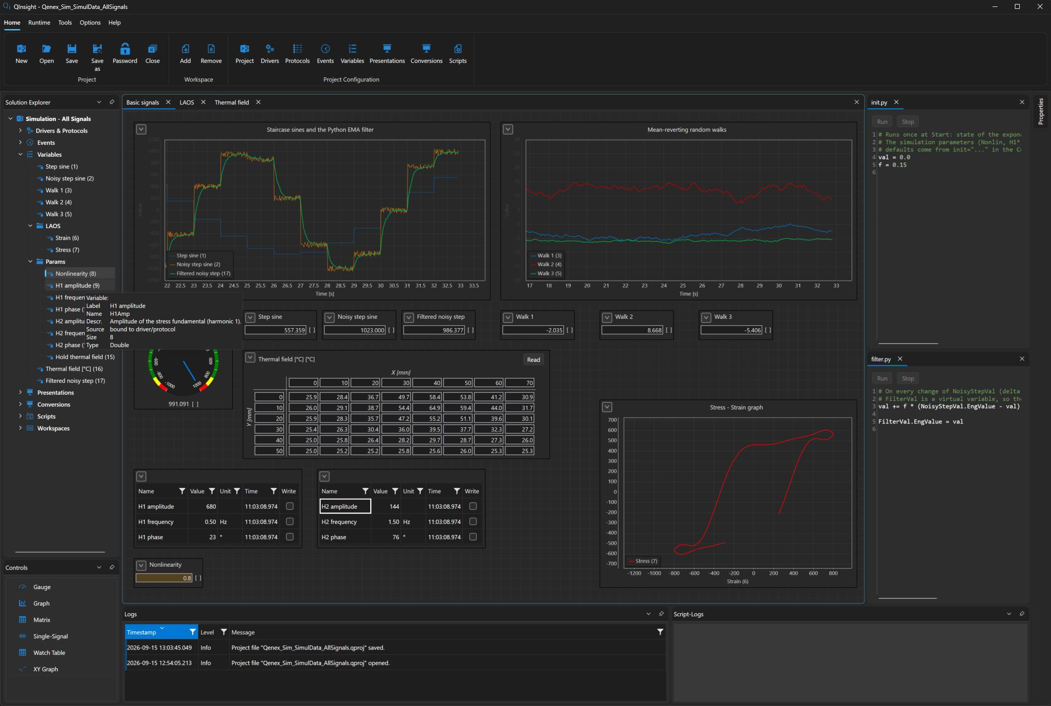The Basic signals workspace while running