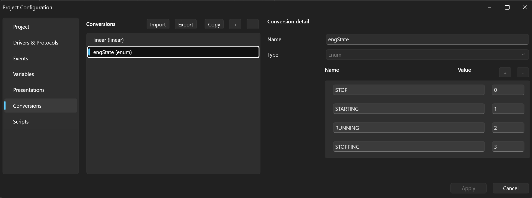 The engState conversion — an enum with four states