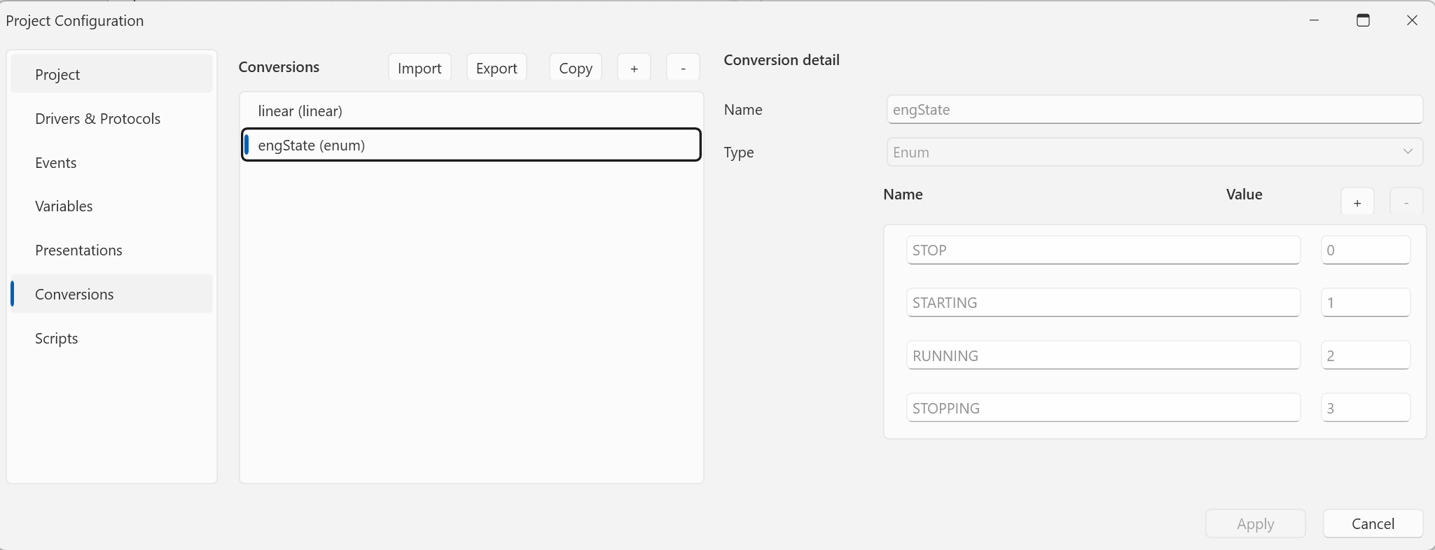 The engState conversion — an enum with four states