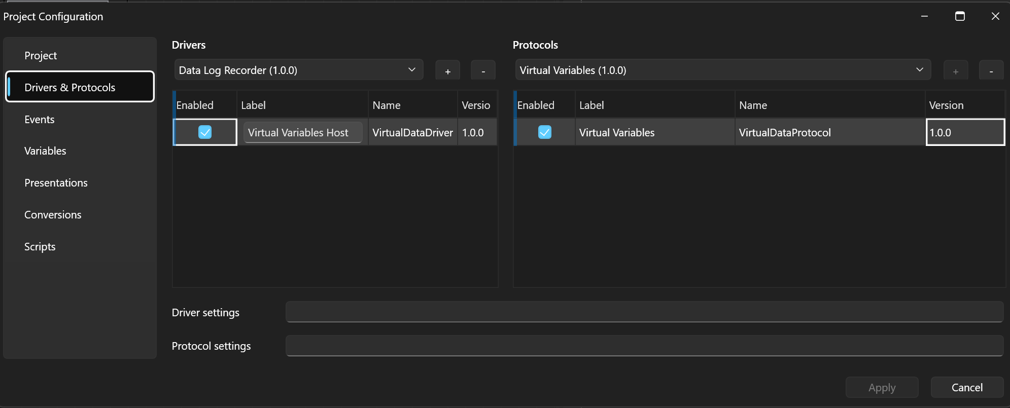 The Drivers & Protocols section — Virtual Variables Host and Virtual Variables