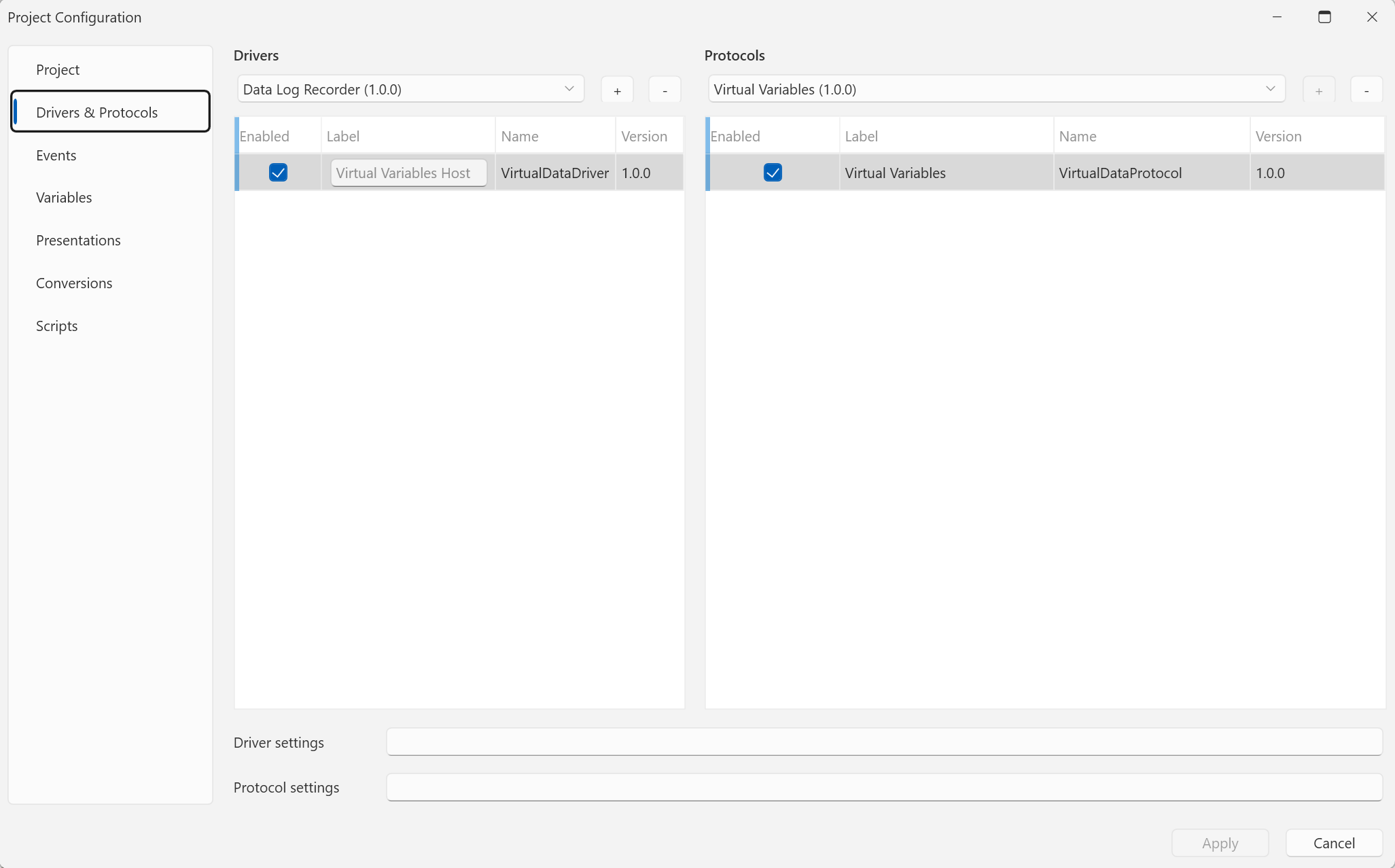 The Drivers & Protocols section — Virtual Variables Host and Virtual Variables