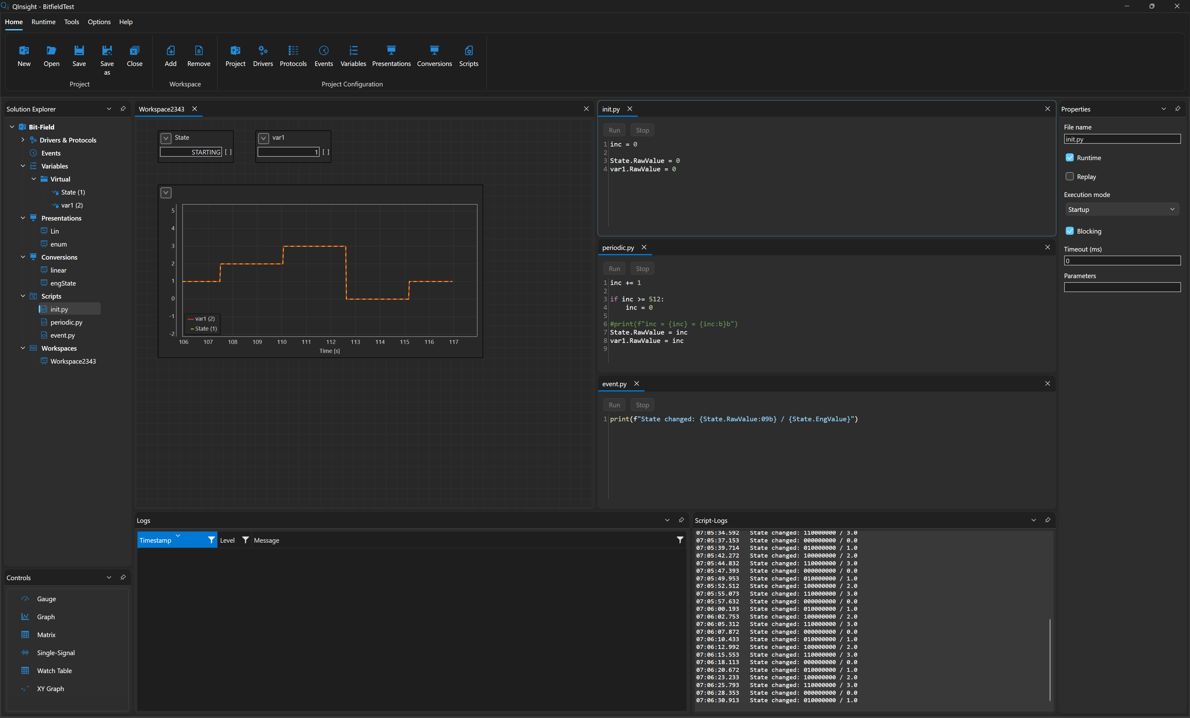 The whole example window — state STARTING, the state staircase, and Script-Logs