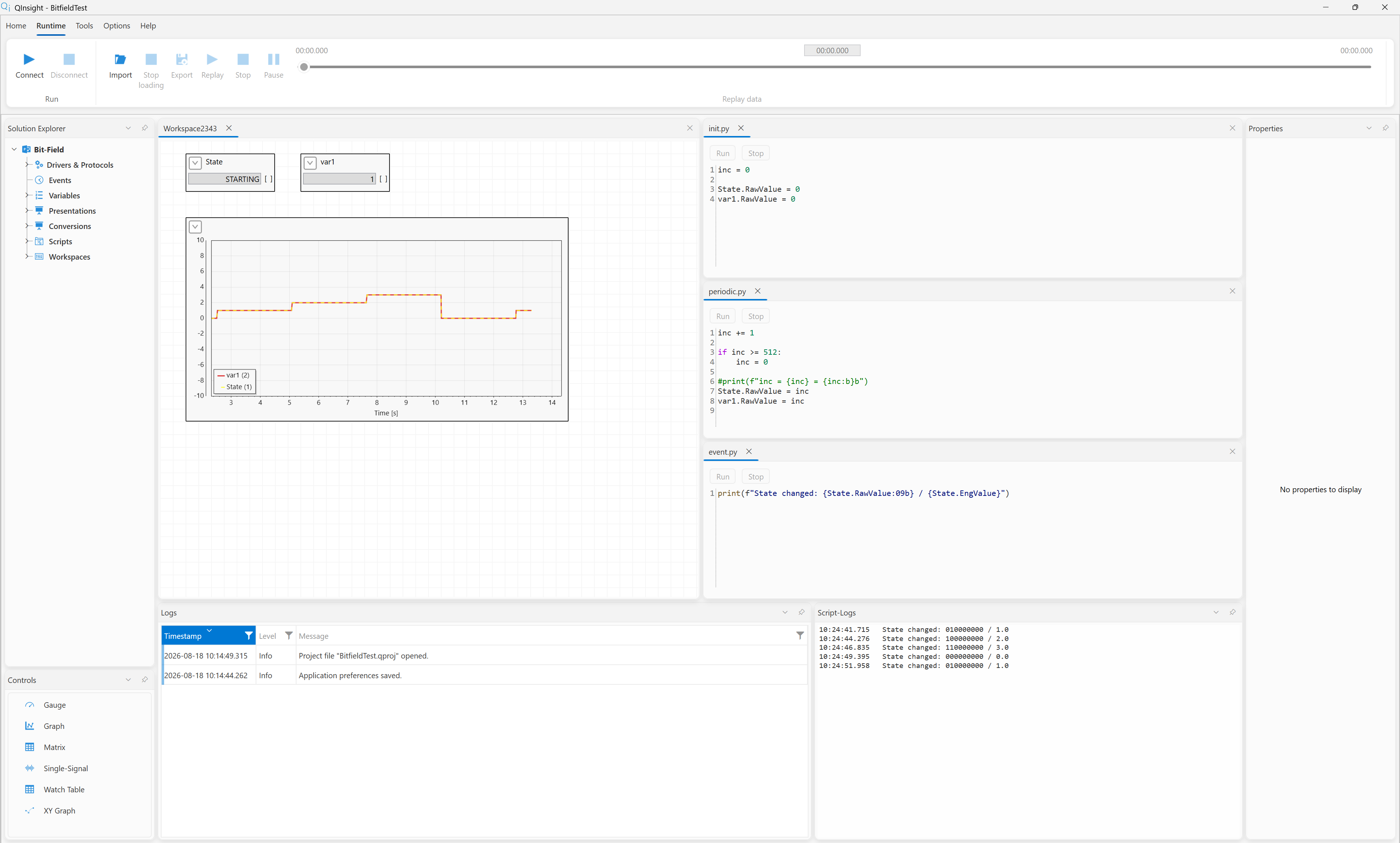 The whole example window — state STARTING, the state staircase, and Script-Logs