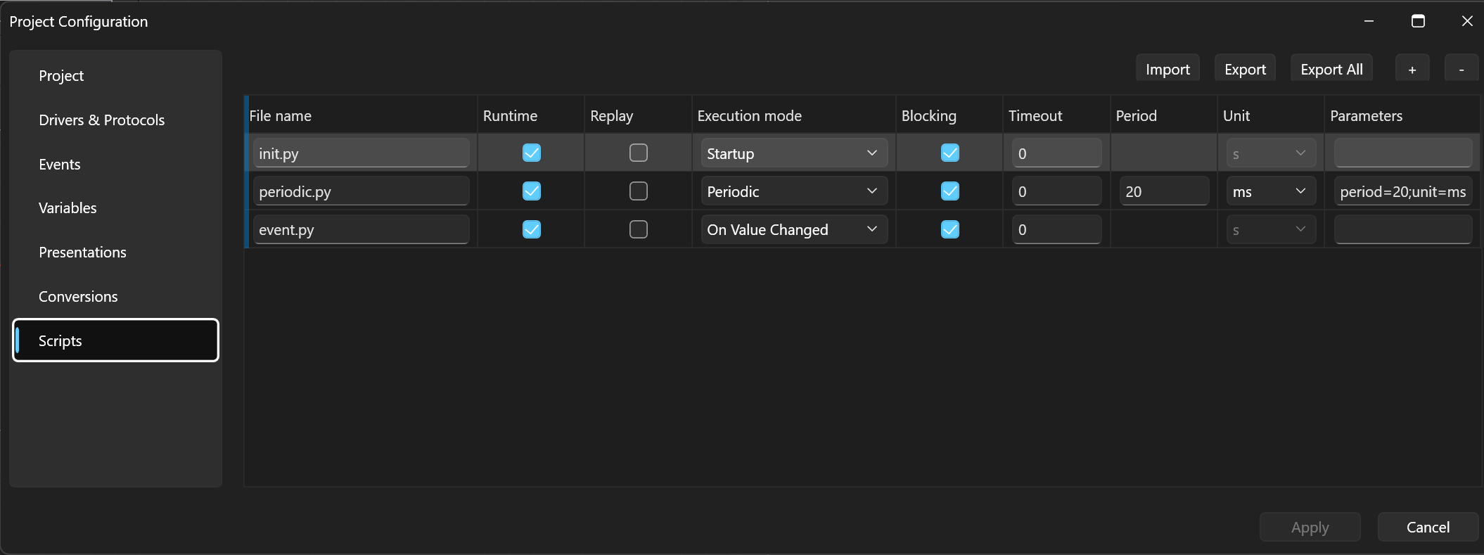 The Scripts section — three scripts and their modes