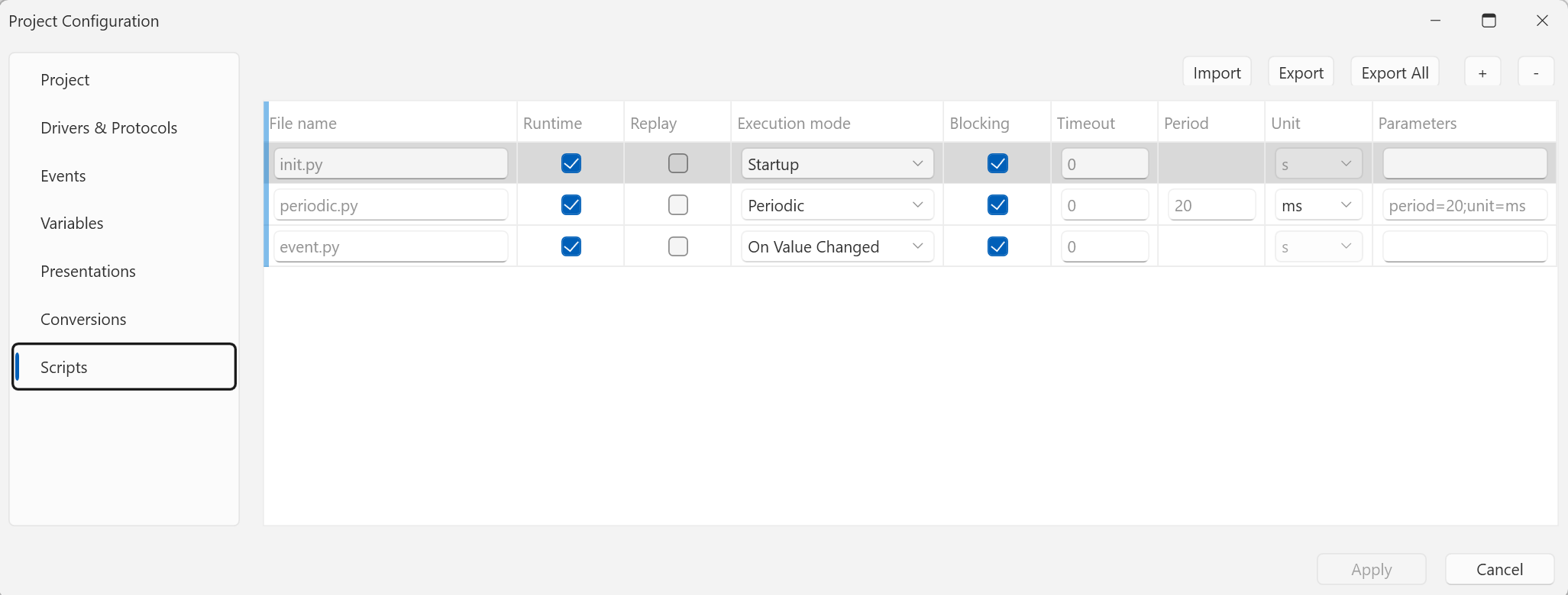The Scripts section — three scripts and their modes