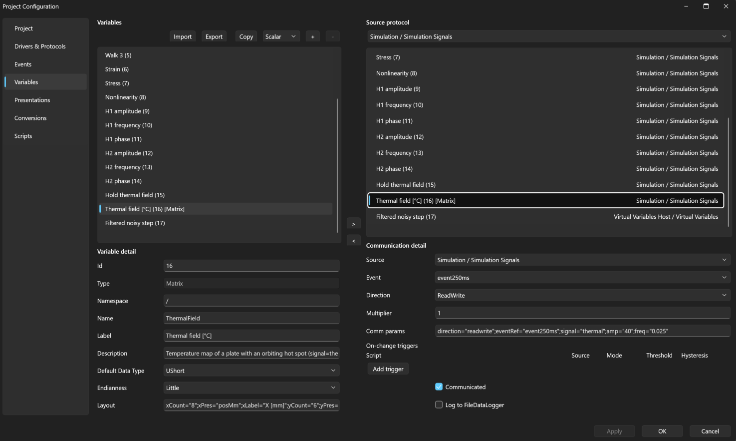 The ThermalField matrix variable in Project Configuration