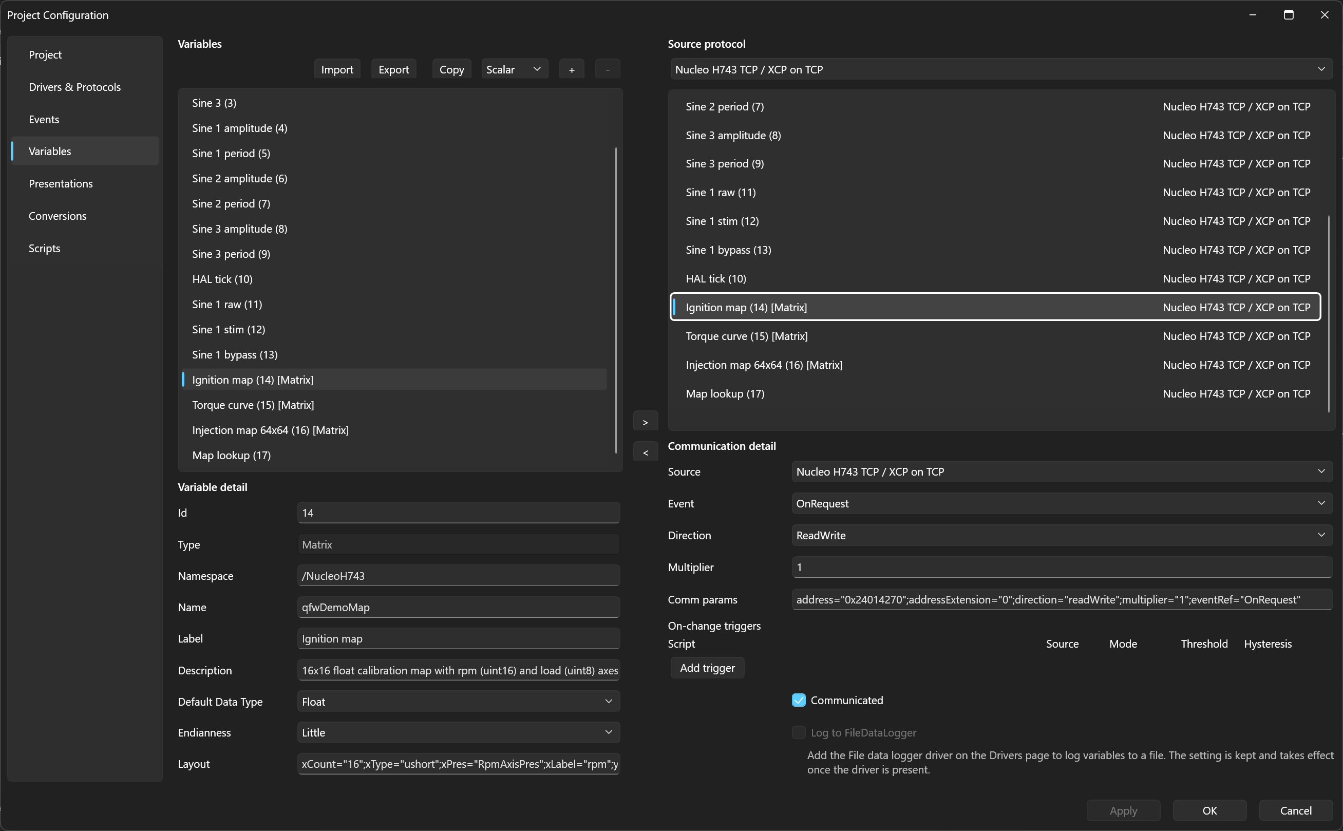 The qfwDemoMap (Ignition map) matrix variable assigned to XCP on TCP with the OnRequest event