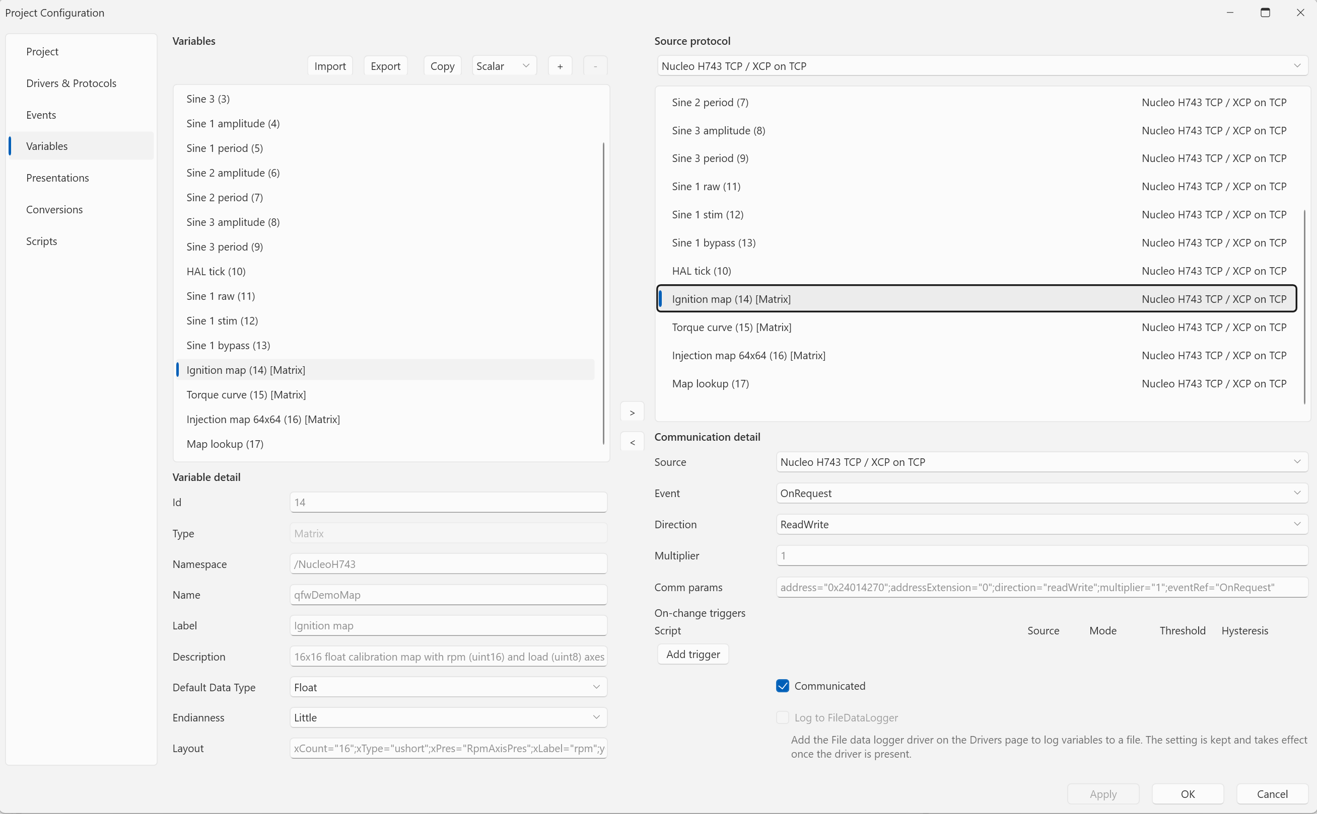 The qfwDemoMap (Ignition map) matrix variable assigned to XCP on TCP with the OnRequest event