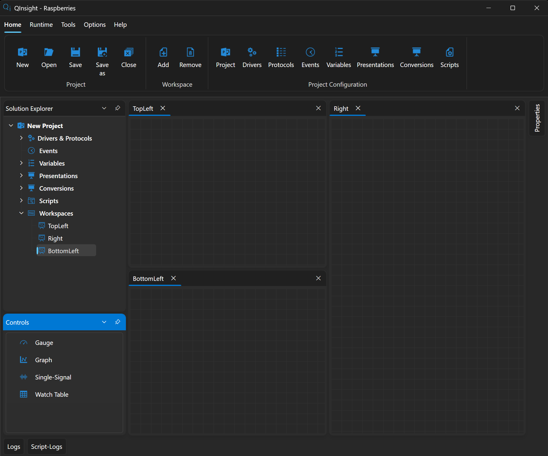 Pracovní plochy a Solution Explorer