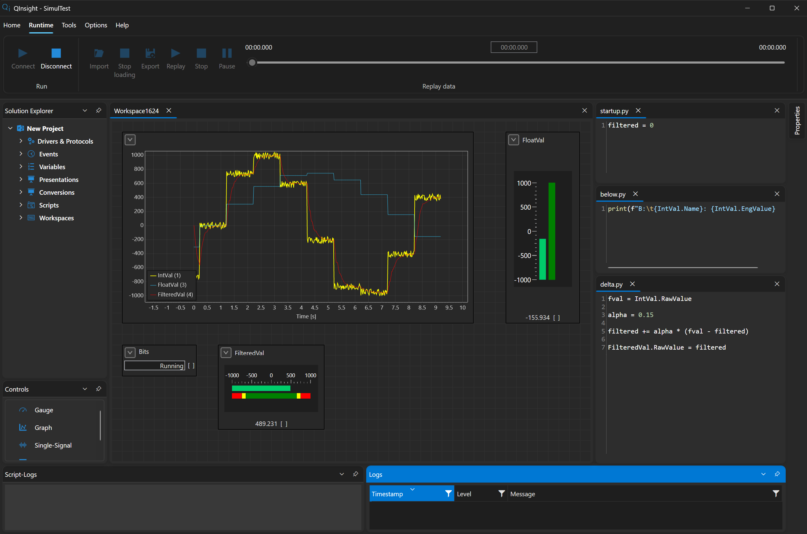 The running application after Connect — live data on the workspace