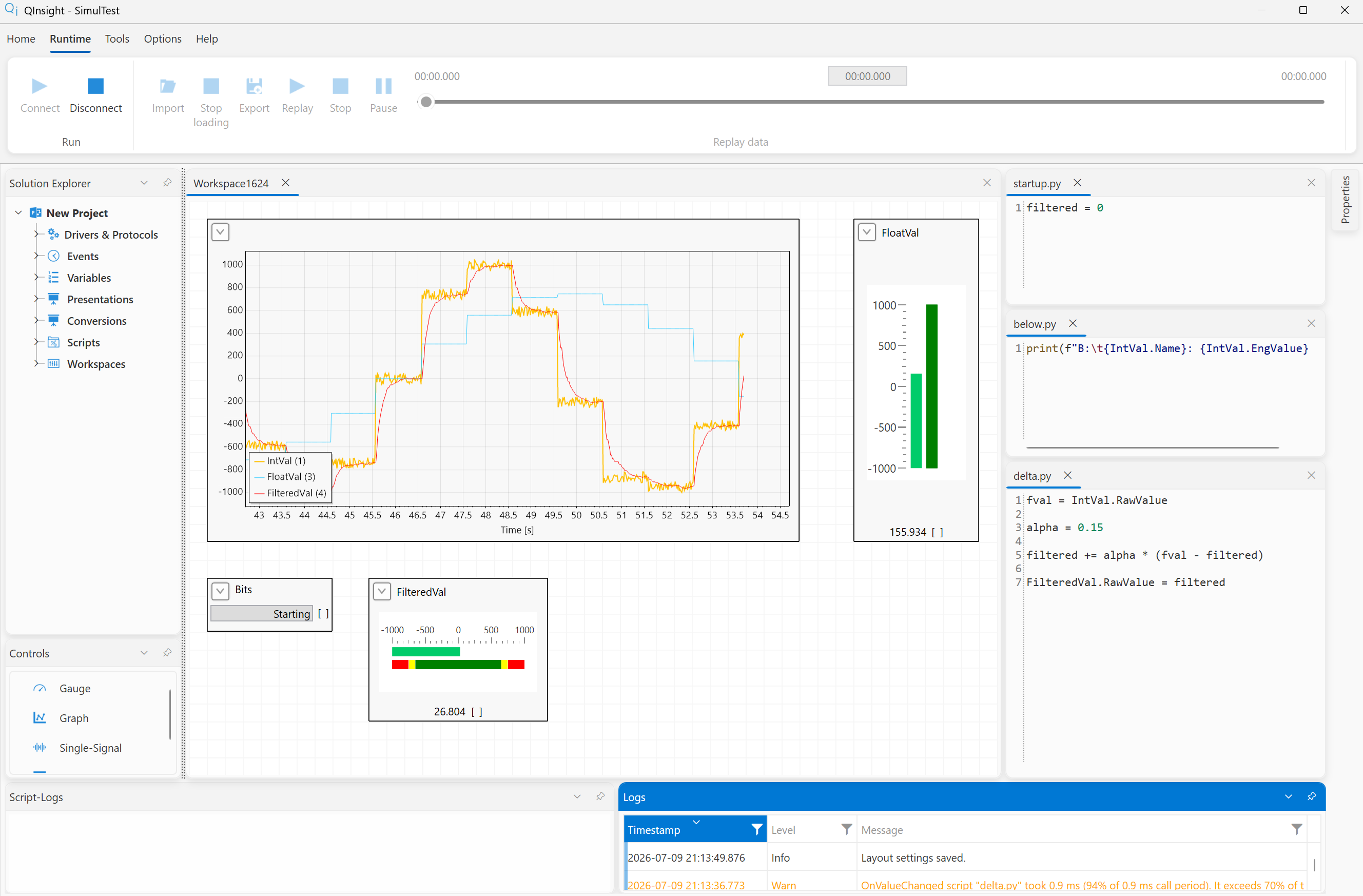 The running application after Connect — live data on the workspace